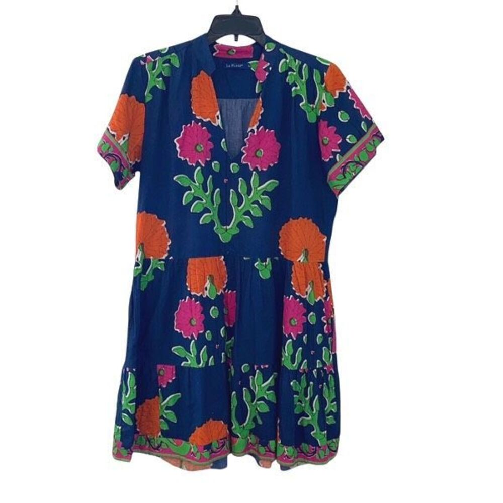 La Plage Floral Short Sleeve Tiered Cotton Short Dress Mughal Carnation Navy Mul